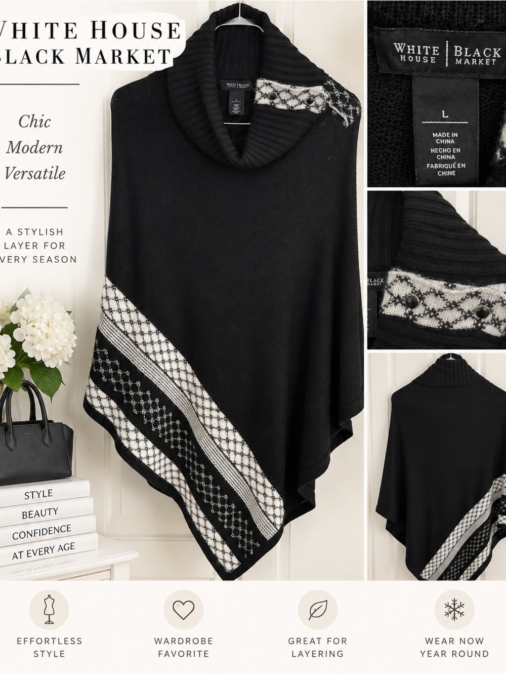 White House Black Market Black and Ivory Patterned Turtleneck Poncho